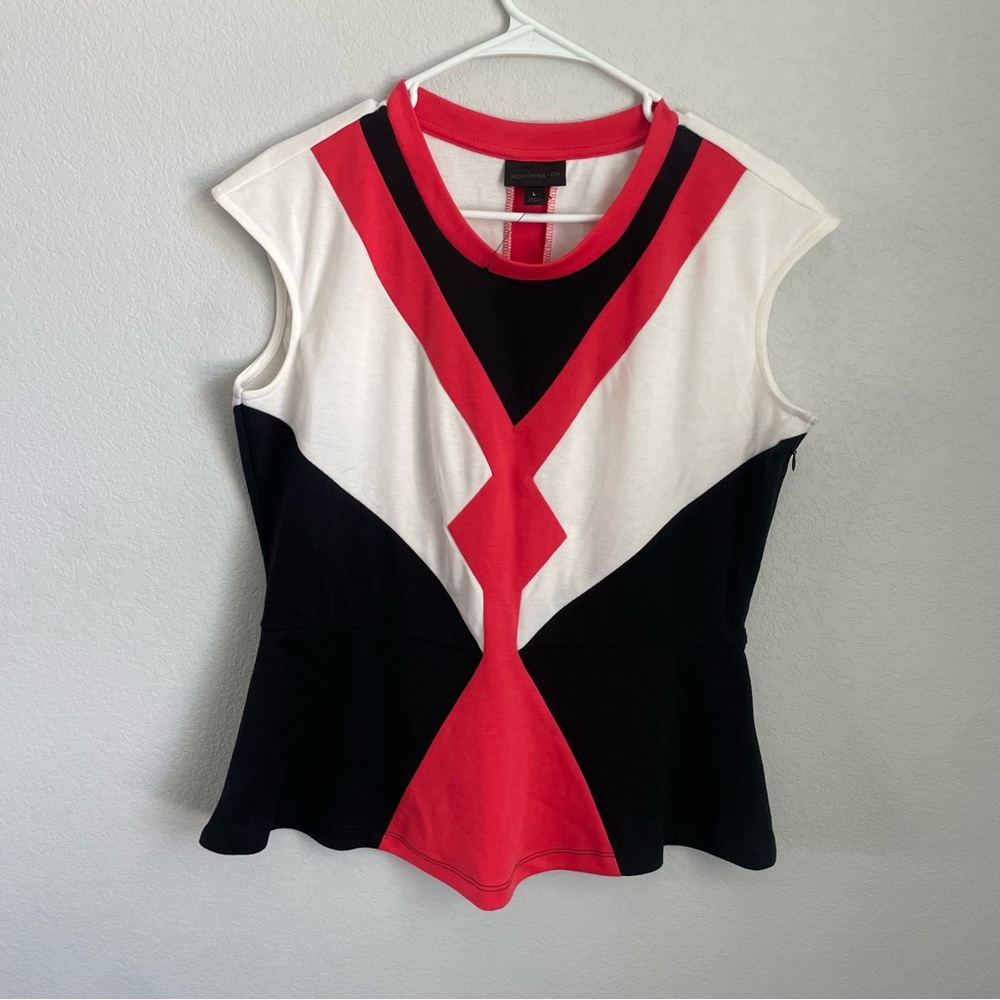 Worthington Asymmetrical Sleeveless Blouse White Black Pink Women’s Size Large
